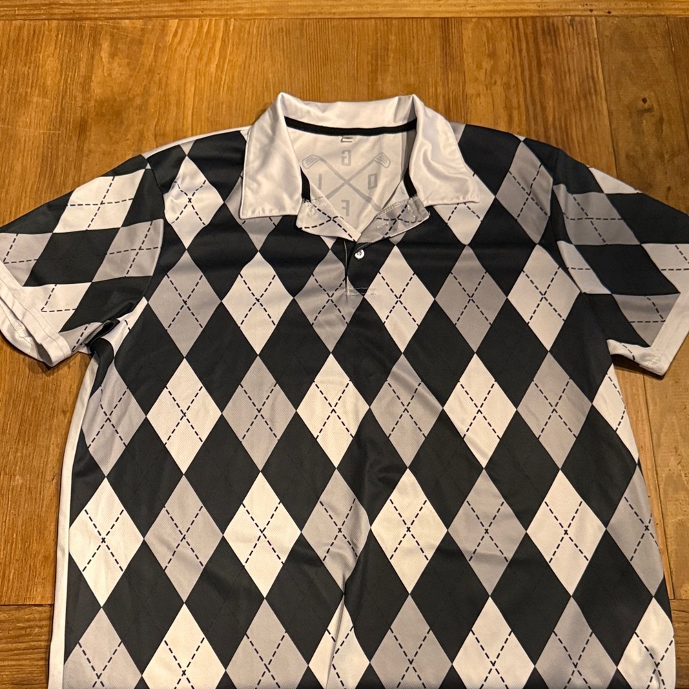 Men's Black and White Argyle Polo Shirt